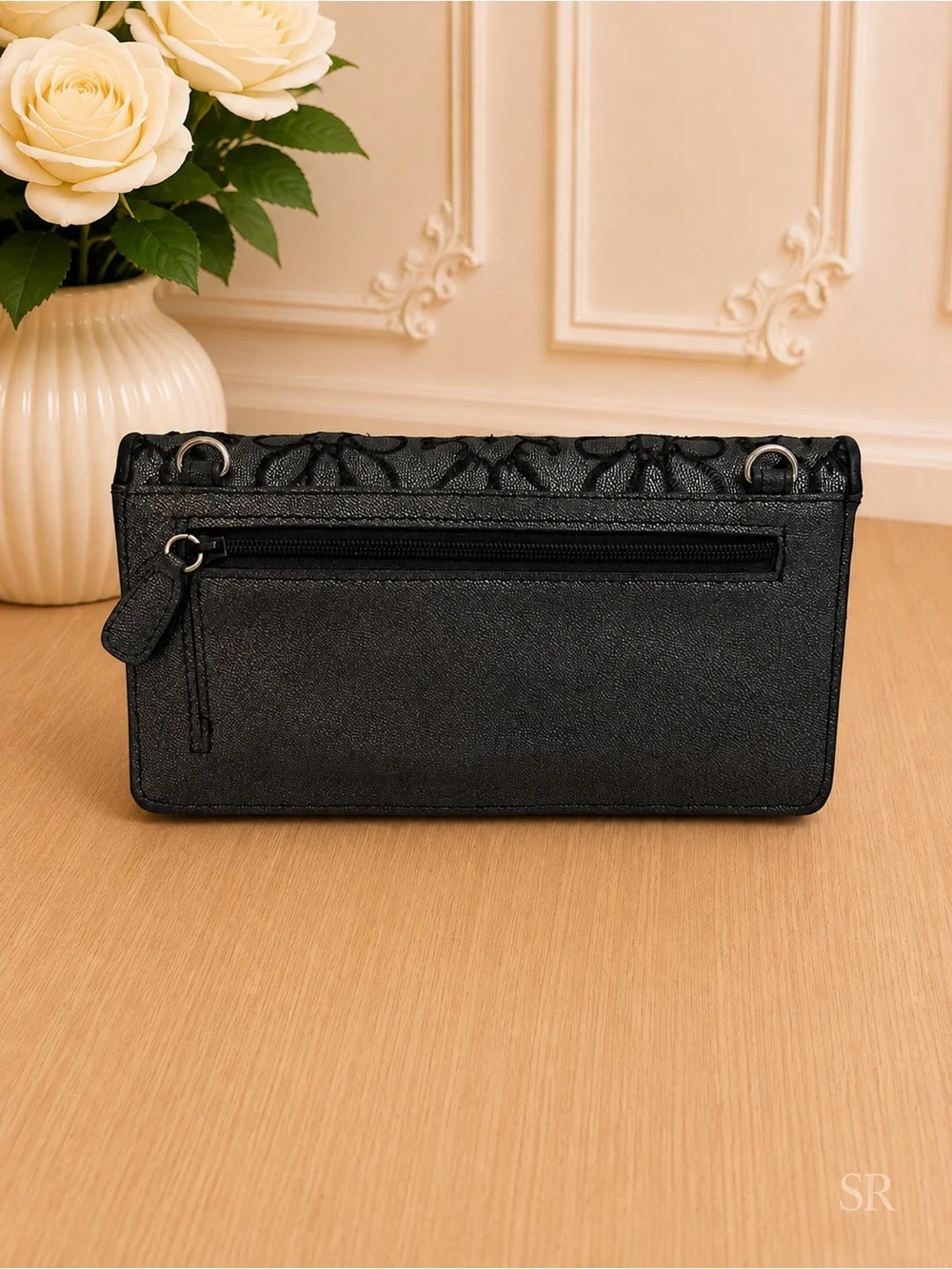 Brighton Valencia Black Leather Floral Embroidered Wallet Crossbody